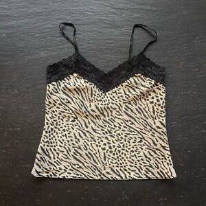 Three Hearts) Black and Cream Lace Trim Cami Animal print Top